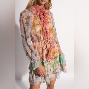 BEULAH Style Dress Floral Ruffle Tiered Sheer Long Sleeve Multicolor